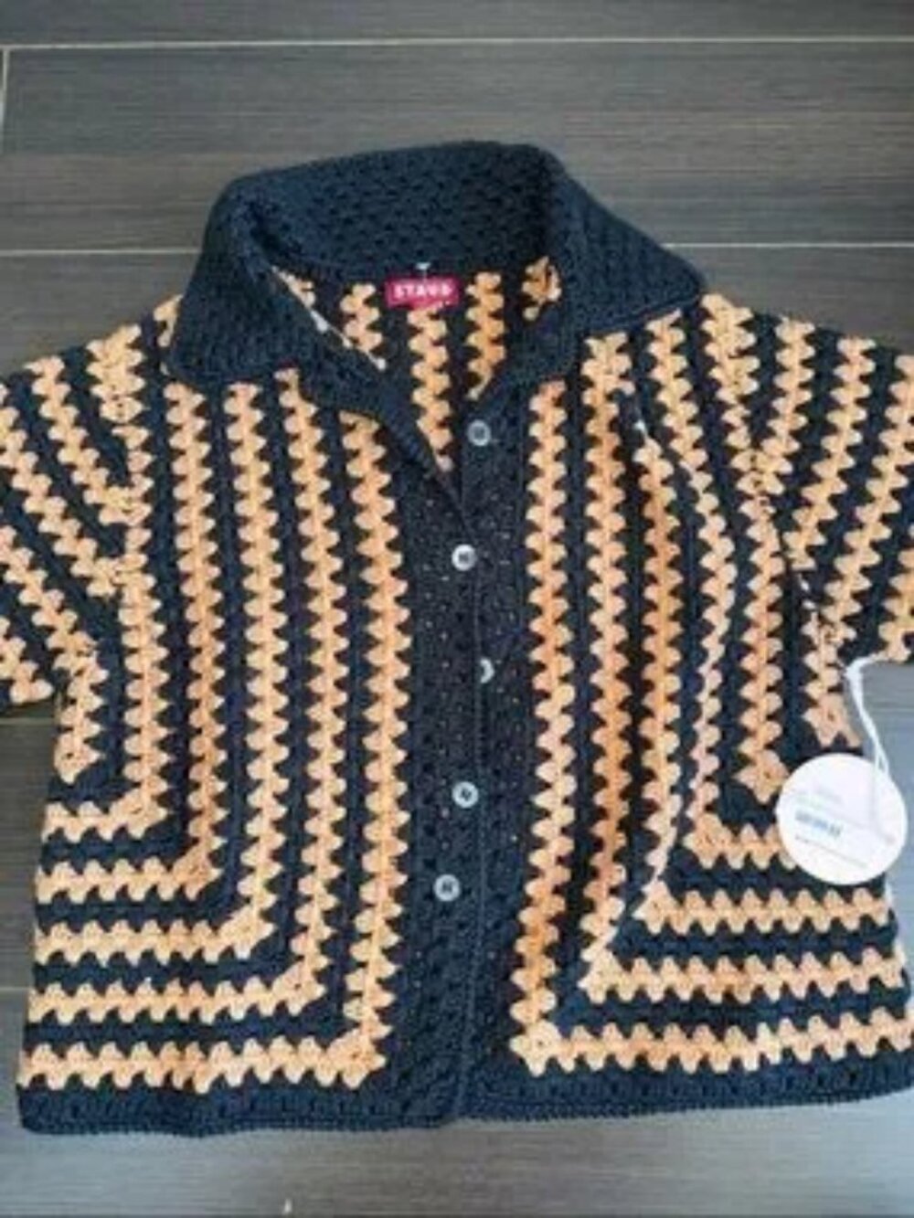 NWT STAUD MABEL Black & Tan Crochet Button-Down Shirt